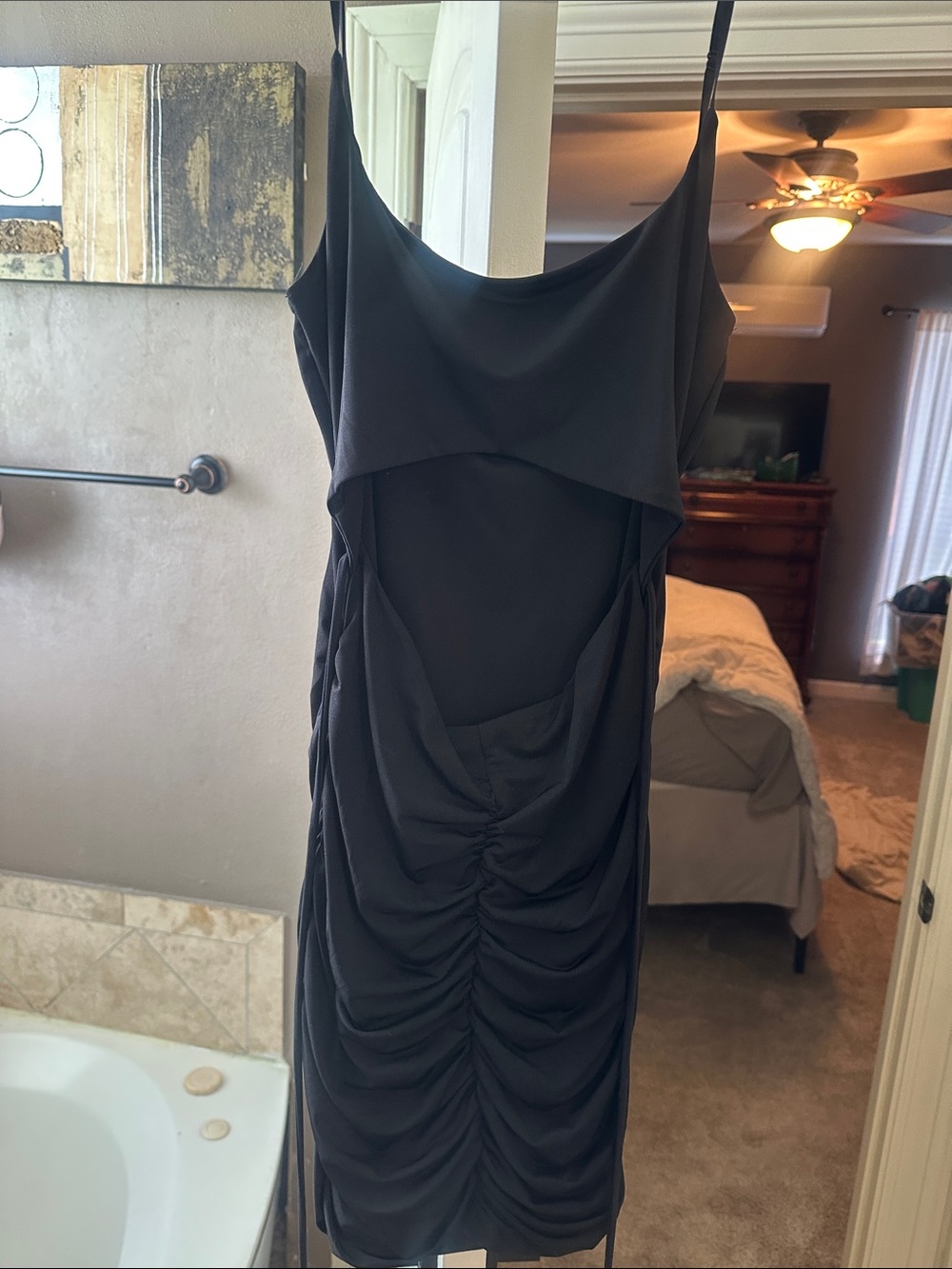 Windsor Black Ruched Mini Dress with Spaghetti Straps and middle cut-out